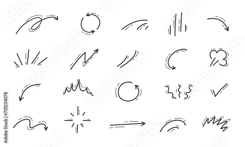 Hand drawn doodle movement motion lines, arrows and puff clouds, cartoon vector effects. Abstract symbols of spiral arrow or curve wave lines, check mark and rotation movement in doodle scribble