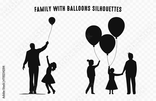 Family with balloons Silhouette vector isolated on a white background, Father with daughter with balloon black Silhouette clipart