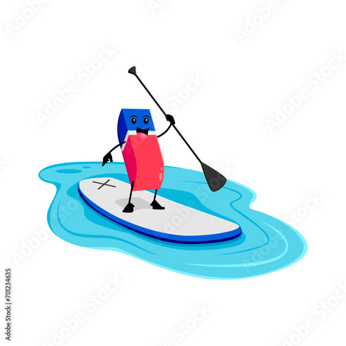 Cartoon eraser school supply character riding sup board on summer beach vacation. Isolated vector student tool personage standing with paddle in hand floating on sea waves during holidays leisure