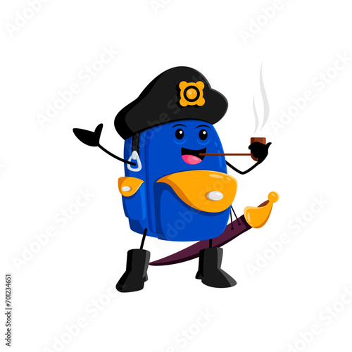 Cartoon school bag pirate and corsair character. Isolated vector playful backpack captain personage in tricorn, smoking the pipe, ready to accompany young adventurers on their educational journey