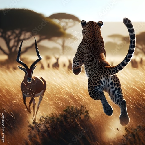 Back low angle view of leopard leaping towards antelope in African savannah, animal predator prey action concept photo