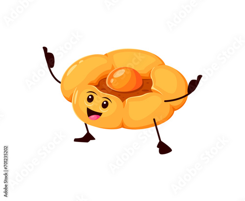 Cartoon funny khachapuri bread and bakery character. Isolated vector golden, bubbly pastry personage filled with egg, invites in a delectable adventure in the culinary world, that entices taste buds