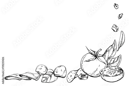 Hand drawn vector ink illustration. Tomato pepperoni olive basil herb leaves fresh products meal. Corner frame isolated on white. Design for restaurant, menu, cafe, food shop or package, flyer, print.