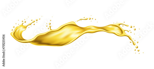 Yellow beer, oil or juice splash. Realistic liquid wave flow or spill with falling drops of vector 3d beer drink, cooking oil or honey, engine lubricant, fuel or petrol. Isolated gold liquid splash