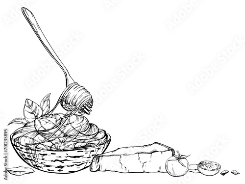 Hand drawn vector ink illustration. Pasta Italian cuisine dish, spaghetti noodles bowl, parmesan cheese tomato herbs. Composition isolated on white. Restaurant, menu, food shop package, flyer, print.