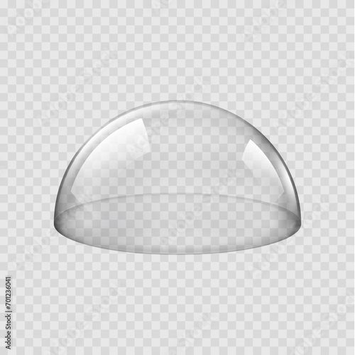 Glass dome, round transparent sphere, isolated glossy semisphere. Realistic 3d vector transparent, protective cover used to encase objects or create display, preserving them while allowing visibility