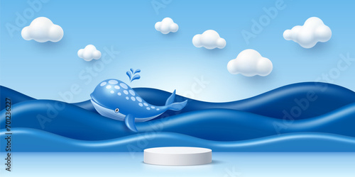 3D kid podium stage with blue sea waves, whale and white clouds, vector product display. Kids podium stand on background with cartoon toy whale on blue ocean waves with bubble balloon clouds