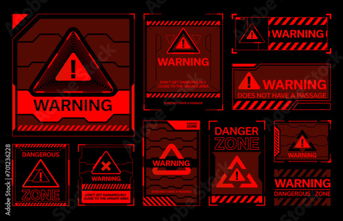 Red HUD warning, danger and alert attention frames. Vector set of interface caution signs, command focus on urgent situations, ensuring swift response and safety awareness, dangerous zone information