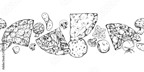 Hand drawn vector ink illustration. Pizza slices and toppings ingredients, Italian cuisine. Seamless border isolated on white. Design for restaurant, menu, cafe, food shop or package, flyer, print.