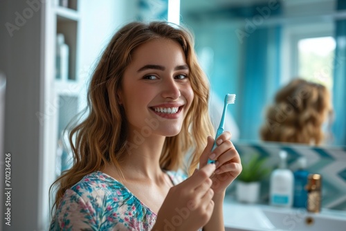 Young woman smiling and holding a toothbrush in a bright bathroom.