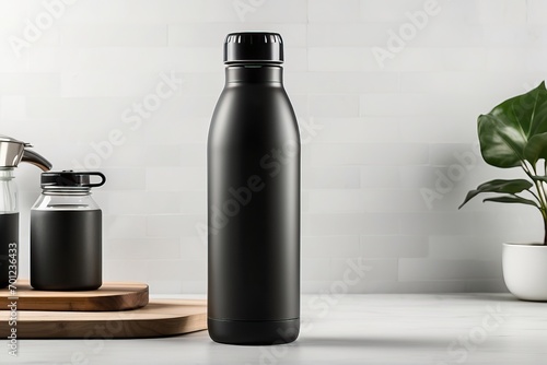 Black mockup tumbler with a simple and elegant style, on the kitchen table photo