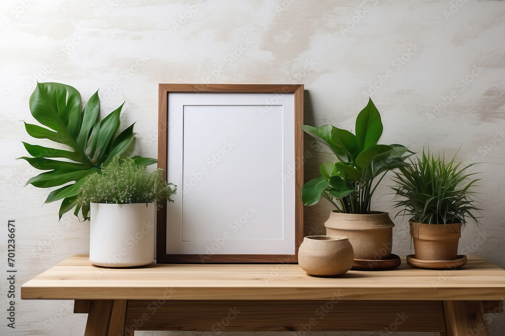 blank photo frame mockup on a wooden table surrounded by ornamental plants, natural atmosphere, suitable for photos, posters, art blank photo frame mockup on a wooden table surrounded by ornamental plants, natural atmosphere, suitable for photos, posters, art