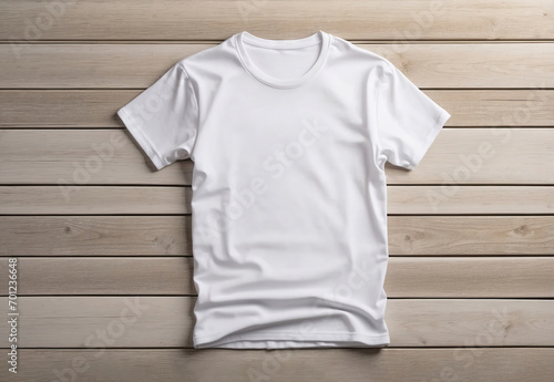 Plain white short sleeve t-shirt round neck unisex mockup, wooden front back view idea concept, top view photo