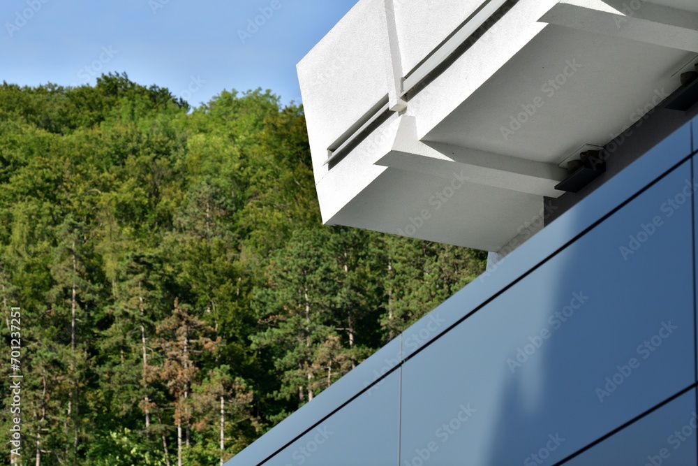 A view of the balconies of modern buildings situated near forest trees