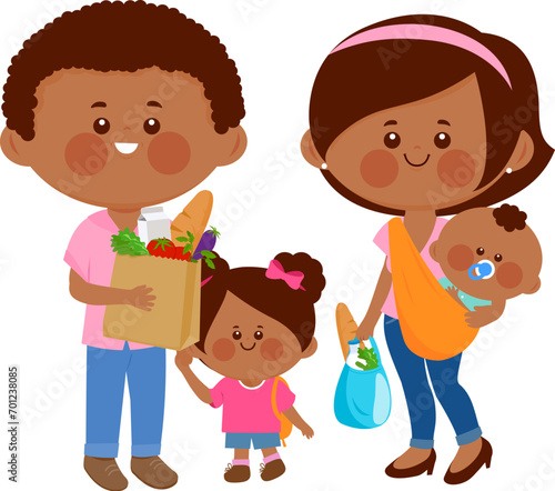 People carrying paper bags with groceries. Family with shopping bags buying food in a supermarket. Vector illustration