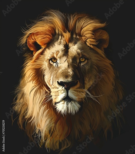 Vivid Illustration of a Lion s Head with Intense Gaze on a Black Background