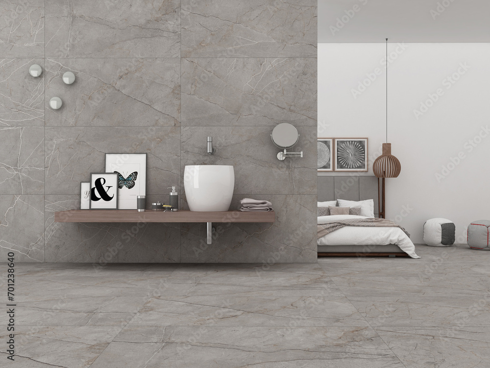 Corner of house bathroom with grey tiled walls, round mirror with wooden frame, white ceramic sink on concrete surface, white bath and large window. 3D Rendering Corner of house bathroom with grey tiled walls, round mirror with wooden frame, white ceramic sink on concrete surface, white bath and large window. 3D Rendering