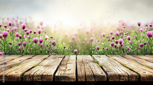 Spring season. Stacked wooden planks, front view against a background of green grass and purple flowers.