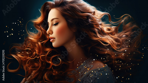 Brunette girl with long and shiny curly hair . Beautiful model woman with wavy hairstyle photo