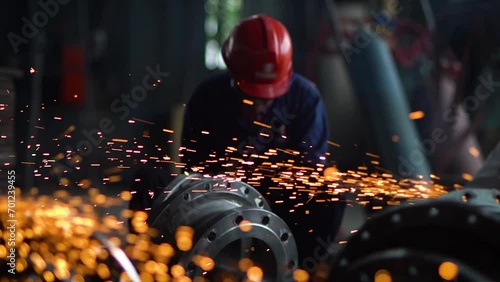 Close-up of sparks from grinding metal structures at a factory in China, factory worker grinds metal, bright golden sparks comes out photo