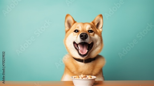 Dog food studio shot. dog food and Dog near its bowl full of food