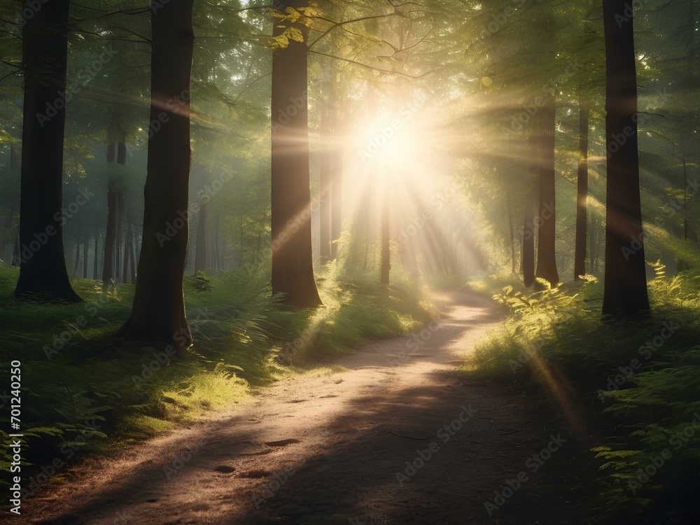 Sonniger Waldweg mit Sonnenreflektion Sonniger Waldweg mit Sonnenreflektion