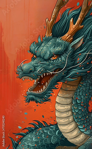 On a red background, it says "Happy New Year" in big bold gold letters with Whimsical Green Wooden Dragon © Tran