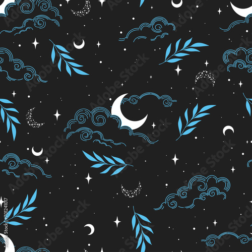 Vector seamless pattern with moon, plants. Blue ans white colors. Mystical esoteric background for design of fabric, packaging, astrology, phone case, wrapping paper.