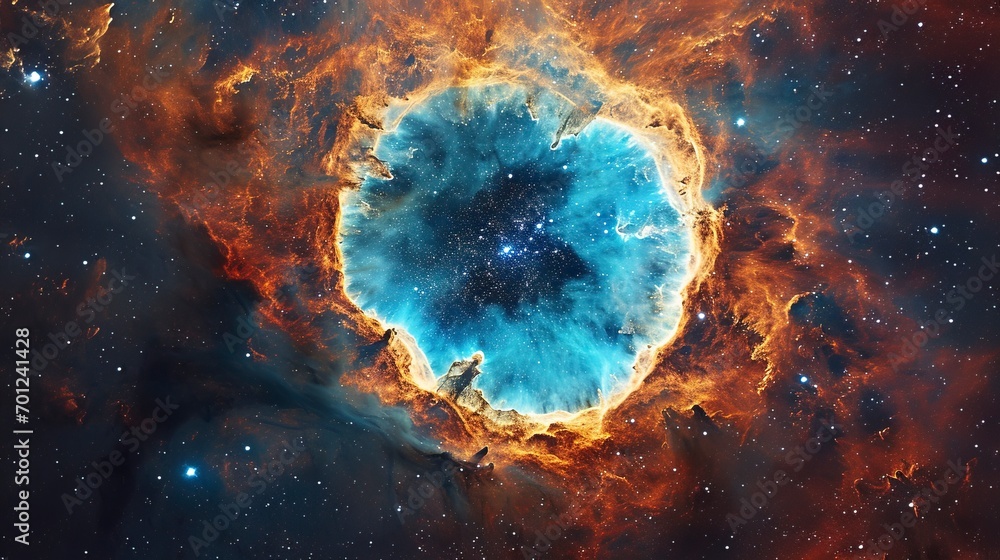 The ring nebula in space, in the style of turquoise and orange - obrazy, fototapety, plakaty 