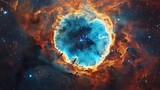 The ring nebula in space, in the style of turquoise and orange