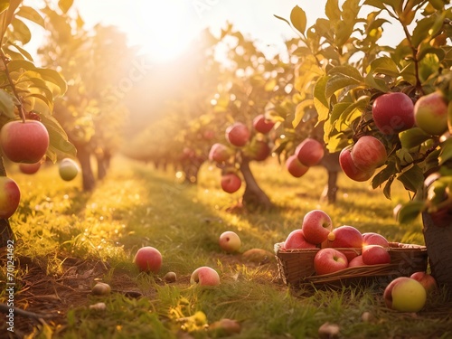 Goldene Äpfel im Sonnenschein auf einer Apfelbaumplantage photo