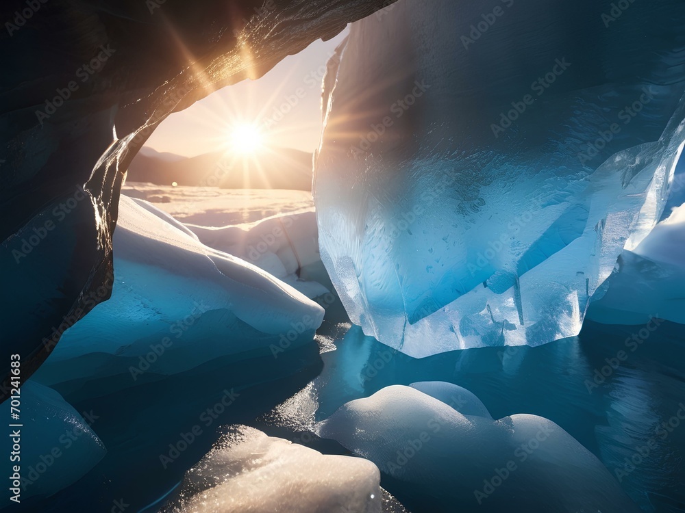 Eisige Höhle in einem Gletscher mit reflektierender Sonne auf glitzernde Eiszapfen