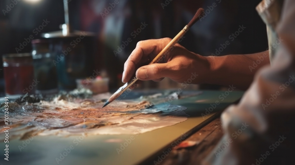Obraz premium Close up hand of a male painter at work painting on canvas in art studio. creation and inspiration at an artists painting studio.