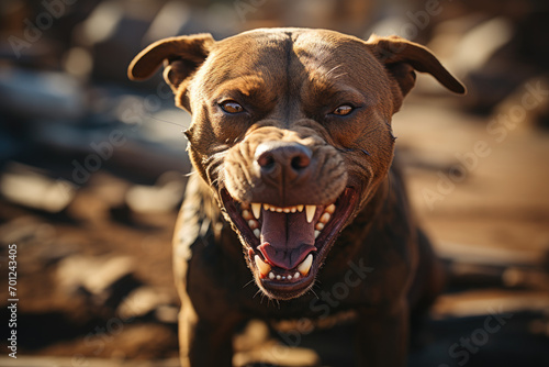 Pitbull terrier furiously chewing the wire fence while baring his fangs.