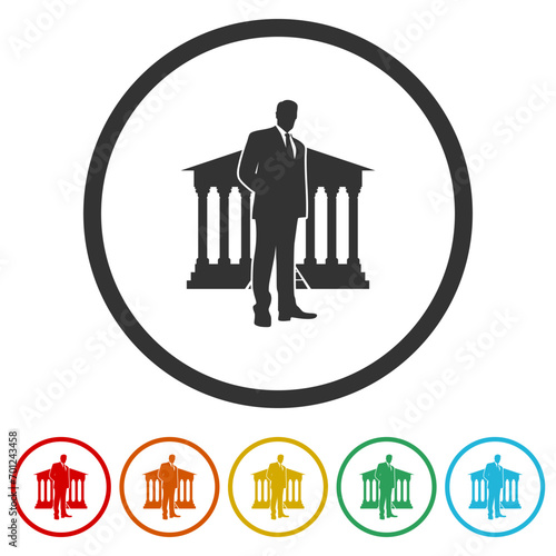 Lawyer icon. Law and judgement. Set icons in color circle buttons