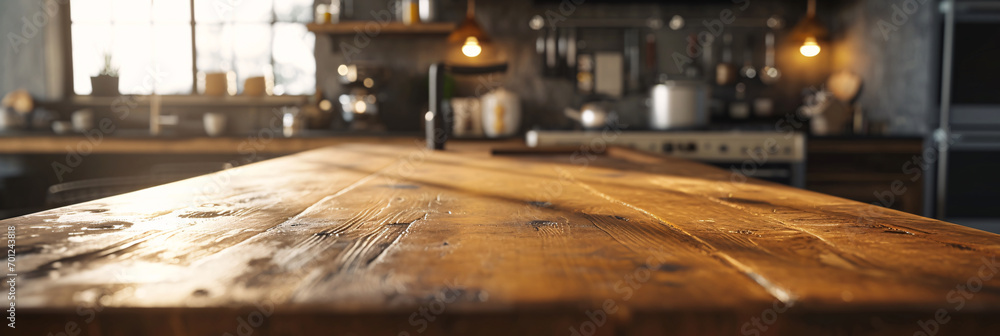 Modern Kitchen with Wood Table Top and Blur Bokeh Background, Perfect for Product Montage and Banner Design