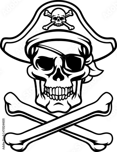 A pirate skull and crossbones jolly roger grim reaper cartoon wearing captain a hat and eye patch