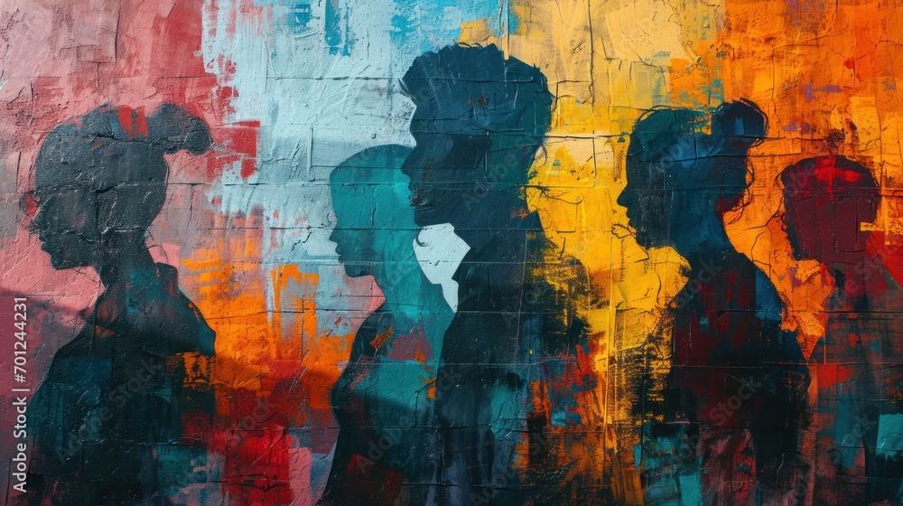 Abstract Graffiti of Human Silhouettes in Bright Tones