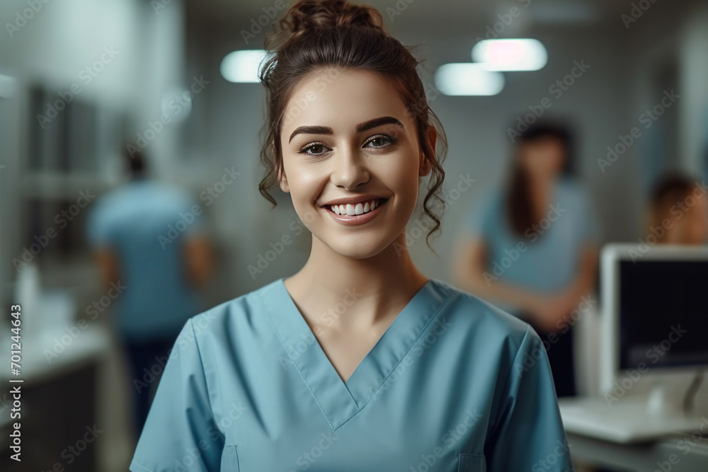 Fototapeta premium Portrait of Smile female medical assistant with clipboard in clinic.