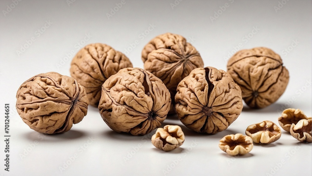 A handful of shelled walnuts against a white background. generative AI A handful of shelled walnuts against a white background. generative AI