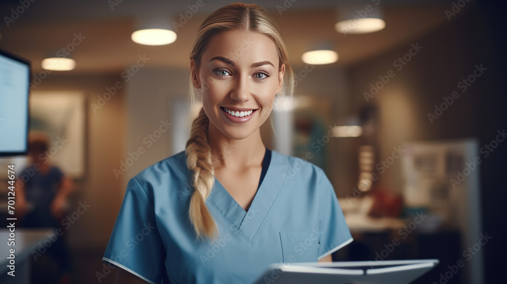 Portrait of Smile female medical assistant with clipboard in clinic.