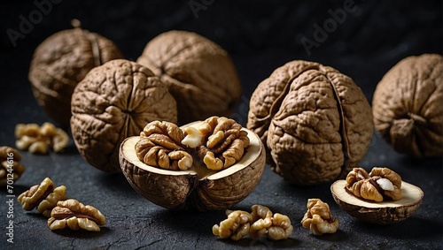 Fresh walnuts cracked open, revealing their edible kernels, against a dark, moody background. generative AI
