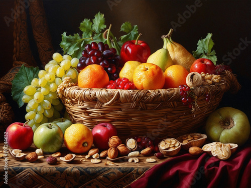 Festive cornucopia assortment with delicious foods  Seasonal harvest of berries and vegetables