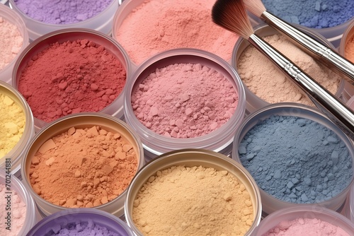 Mineral makeup. Pastel colors. Cosmetic powder. Eyeshadow. Pigmentary. Rouge. Facial powder. Make-up. Face paint. Powder blusher. Face powder. Flour. Beauty industry. Cosmetics. Beauty powder. Brush photo