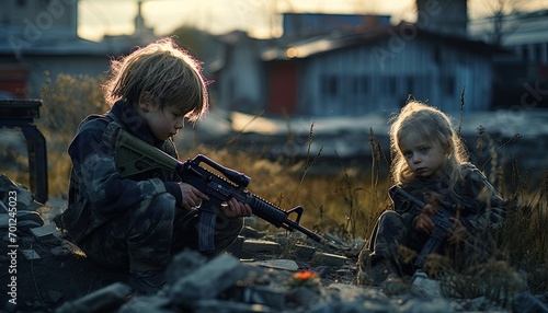 A small child in an empty city destroyed by war, a refugee without a home and parents, stop war and aggression. In hand with a weapon for self-defense