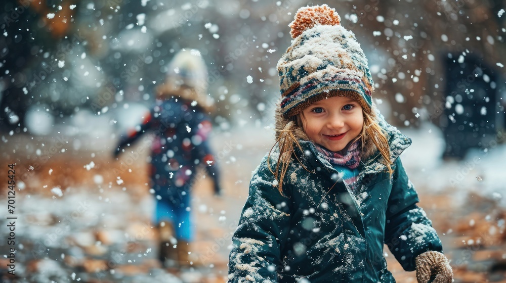 Children playing in the park with first snow Children playing in the park with first snow