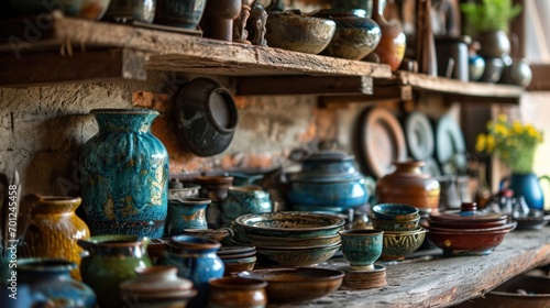Artisanal Ceramic Collection in Wooden Shelves
