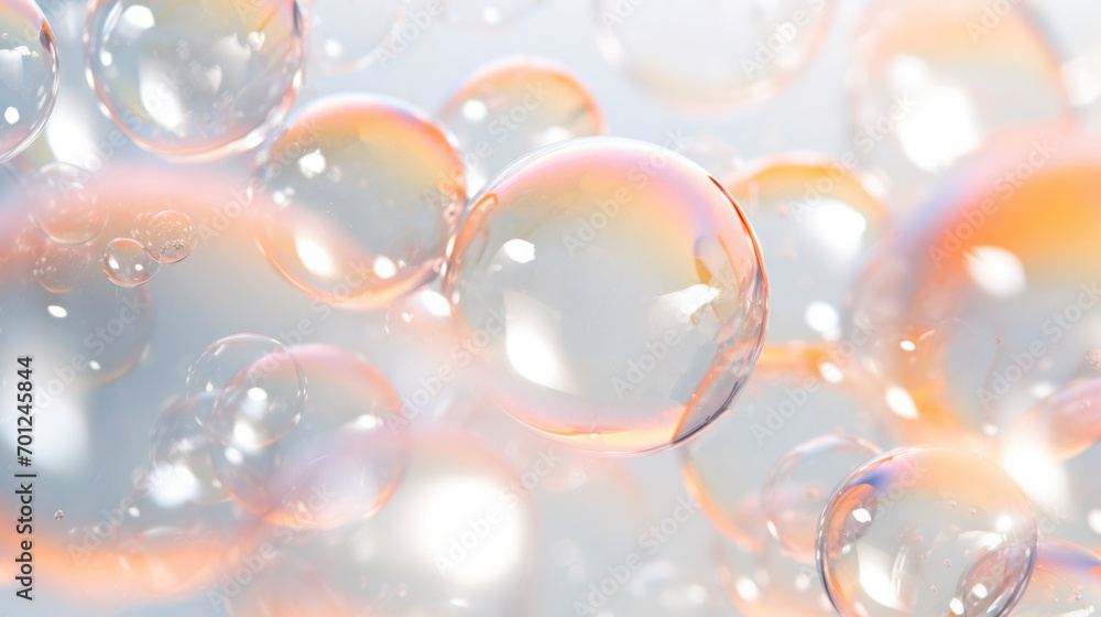Transparent soap bubbles floating on abstract background. Cleanliness, soap foam