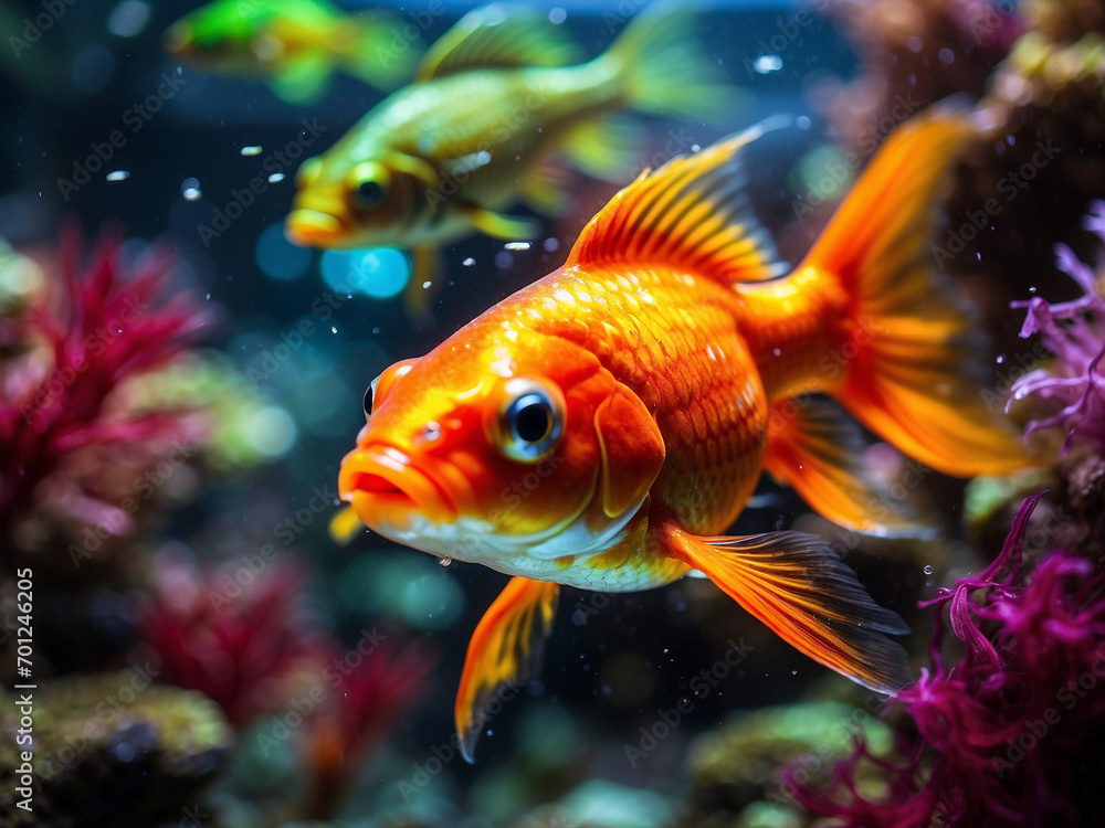 Vibrant fish swimming in a colorful underwater paradise, Cute fish with vegetation Vibrant fish swimming in a colorful underwater paradise, Cute fish with vegetation