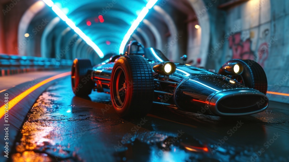 Racing Car Under Tunnel Lights Neon Blue